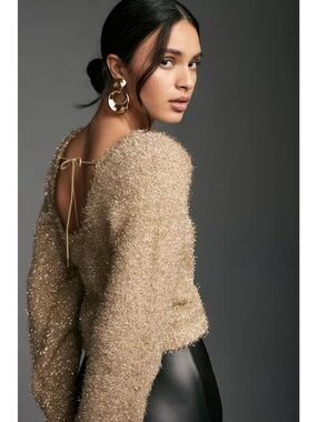 Anthropologie Gold Metallic Eyelash Sweater Balloon Sleeve Tie Back